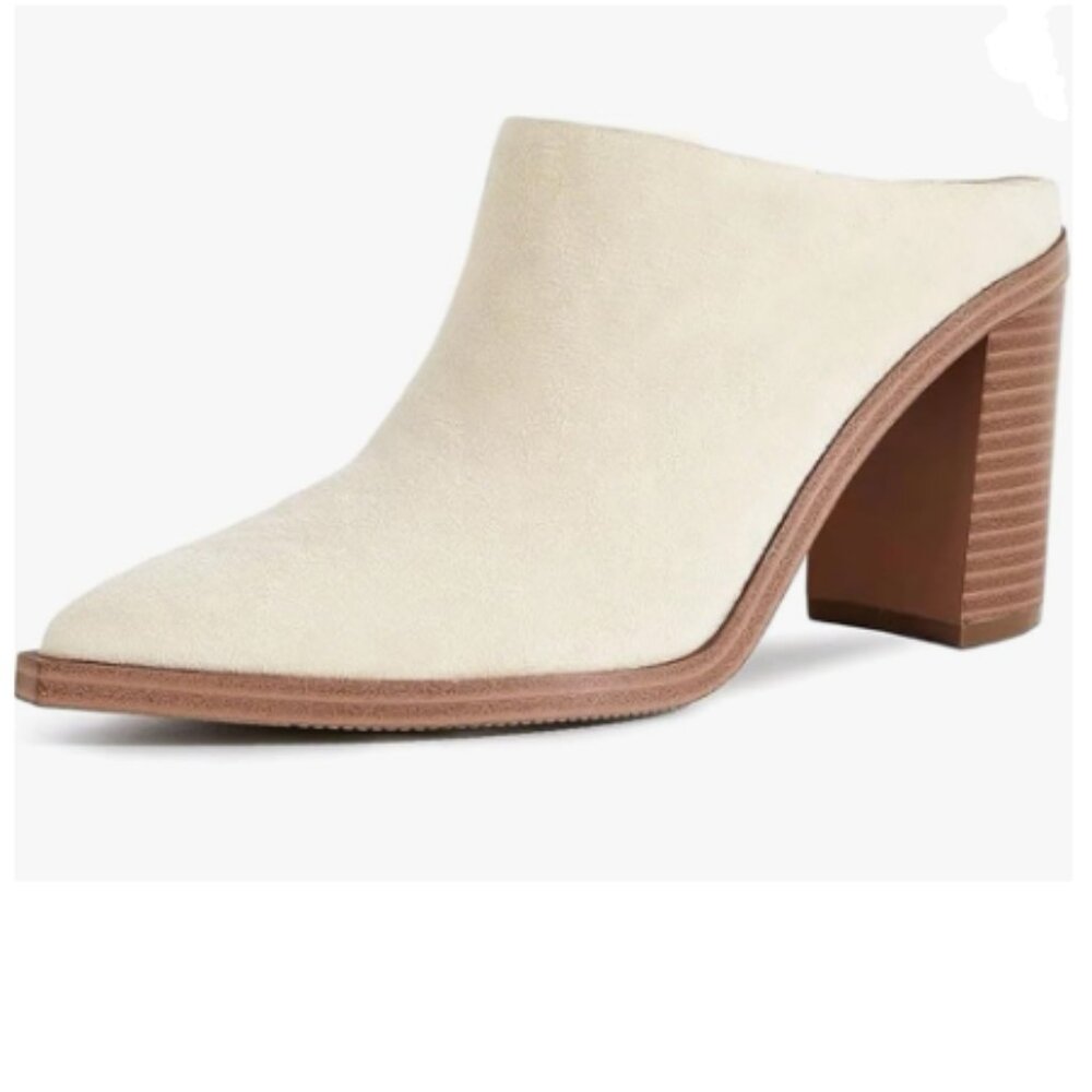 FOWT Ivory Pointed Toe Slip On Mules Stacked Block High Heel Sandal Proms Shoes